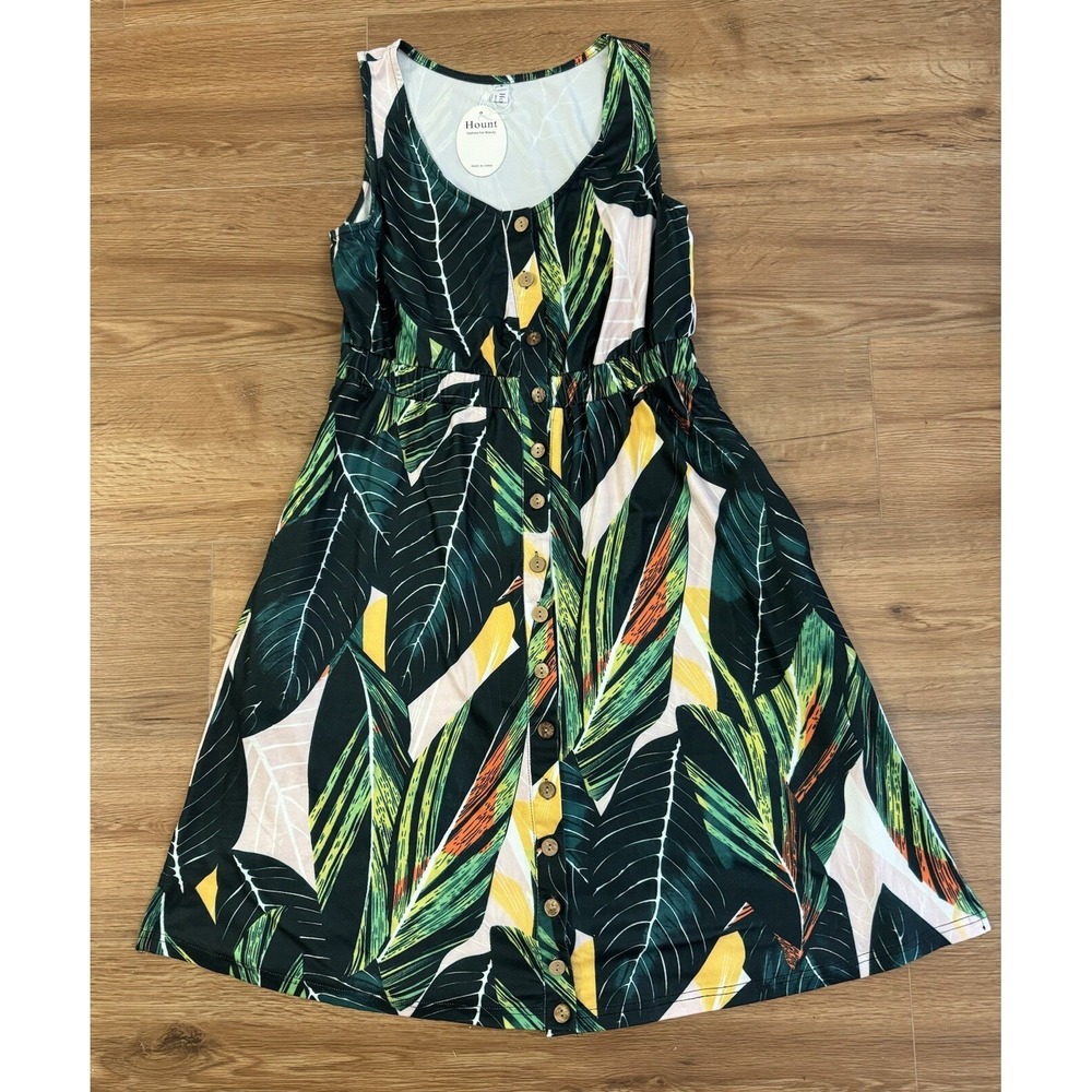 Hount Green Tropical Dress Sleeveless Size Small Cinched Waist Stretchy NWT